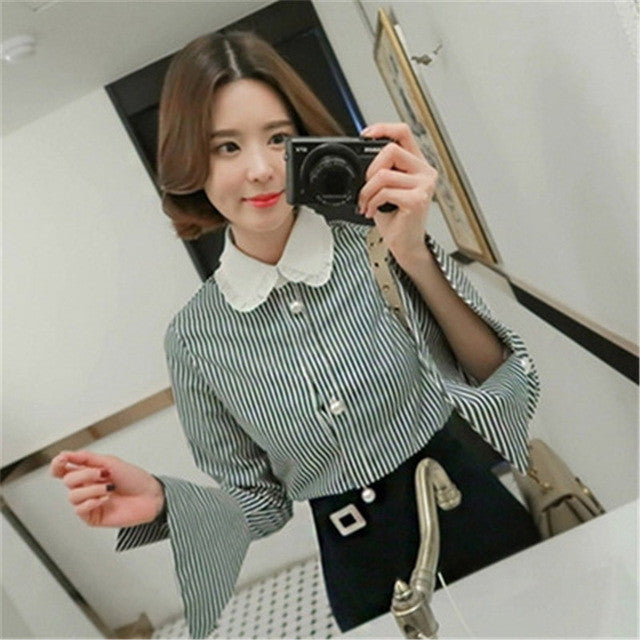 New  Korean style Cute Blouse Women Plus Size Elegant Tops Stand collar Striped Shirt Pearl buttons Blusas 72500 GS