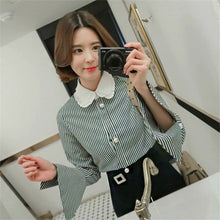 New  Korean style Cute Blouse Women Plus Size Elegant Tops Stand collar Striped Shirt Pearl buttons Blusas 72500 GS