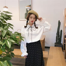 New  Korean style Summer Elegant Bow Tie Blouse Turn-Down Collar Shirt Lantern Sleeve Blusas Women Tops 72516 GS