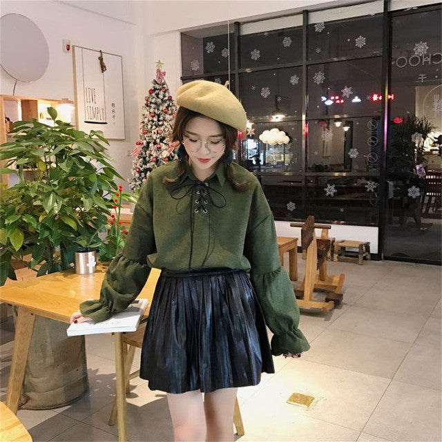 New  Korean style Summer Elegant Bow Tie Blouse Turn-Down Collar Shirt Lantern Sleeve Blusas Women Tops 72516 GS