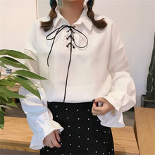 New  Korean style Summer Elegant Bow Tie Blouse Turn-Down Collar Shirt Lantern Sleeve Blusas Women Tops 72516 GS