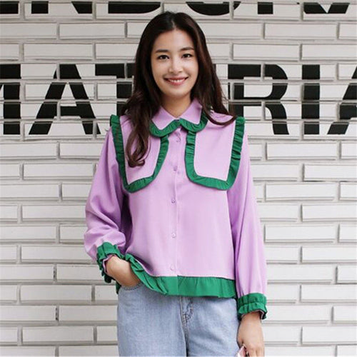 New  Korean style Summer Elegant Contrast Color Blouse Patchwork Peter Pan Collar Shirt Cute Blusas Women Tops 72504 GS