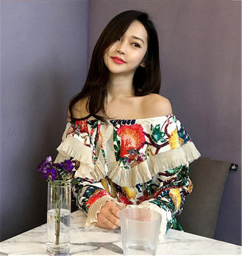 New  Korean style Summer Elegant Full Sleeve Chiffon Blouse Floral Women Tops Slash neck Shawl-collar Shirt Sexy Blusas72492 GS