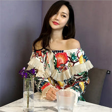 New  Korean style Summer Elegant Full Sleeve Chiffon Blouse Floral Women Tops Slash neck Shawl-collar Shirt Sexy Blusas72492 GS