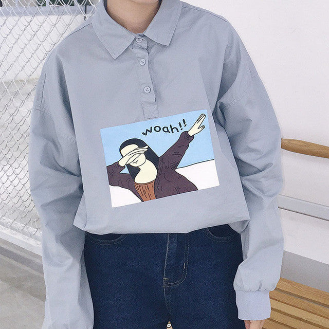 New  Korean style Summer Kawaii Button Blouse Letter Cartoon Character Print Shirt Cute Blusas Plus Size Women Tops 72512 GS
