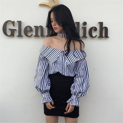 New  Korean style Summer Sexy Blouse Button Casual Shirt Cute Puff Sleeve Steiped Blusas Plus Size Women Tops 72520 GS
