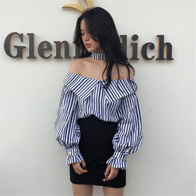 New  Korean style Summer Sexy Blouse Button Casual Shirt Cute Puff Sleeve Steiped Blusas Plus Size Women Tops 72520 GS