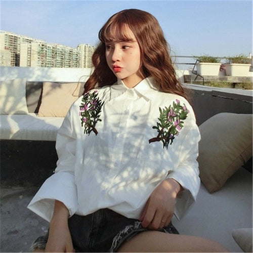 New  Plus size Summer Spring Full Sleeve Floral Leaf Embroidery Blouse Turn-down Collar Shirt Cute Blusas Women Tops 72522 GS