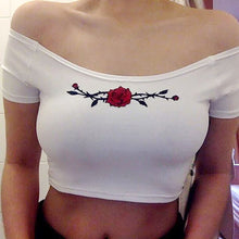 New  Summer Women T shirts Fashion Slash neck collar T-shirt Rose Print Female Slim Tops Woman t shirt 72537 GS