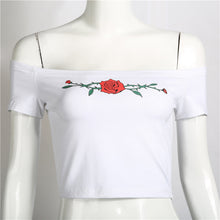 New  Summer Women T shirts Fashion Slash neck collar T-shirt Rose Print Female Slim Tops Woman t shirt 72537 GS