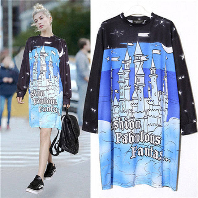 New  Women Fashion Brand Personalized Star Castle Print T Shirt Plus Size Tops Casual Woman O-Neck Full Sleeve t-shirt GS