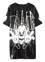 New  Women Fashion Harajuku Cartoon Mouse Print Black Long T Shirt Sequins Tops Plus Size Woman Short Sleeve t-shirt 72712 GS