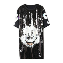 New  Women Fashion Harajuku Cartoon Mouse Print Black Long T Shirt Sequins Tops Plus Size Woman Short Sleeve t-shirt 72712 GS