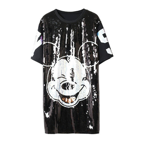 New  Women Fashion Harajuku Cartoon Mouse Print Black Long T Shirt Sequins Tops Plus Size Woman Short Sleeve t-shirt 72712 GS