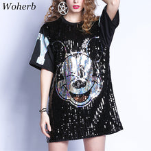 New  Women Fashion Harajuku Cartoon Mouse Print Black Long T Shirt Sequins Tops Plus Size Woman Short Sleeve t-shirt 72712 GS
