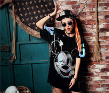 New  Women Fashion Harajuku Cartoon Mouse Print Black Long T Shirt Sequins Tops Plus Size Woman Short Sleeve t-shirt 72712 GS