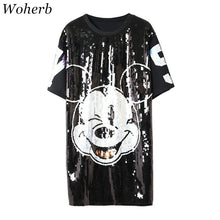New  Women Fashion Harajuku Cartoon Mouse Print Black Long T Shirt Sequins Tops Plus Size Woman Short Sleeve t-shirt 72712 GS