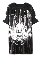 New  Women Fashion Harajuku Cartoon Mouse Print Black Long T Shirt Sequins Tops Plus Size Woman Short Sleeve t-shirt 72712 GS