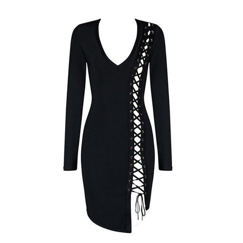 New  Women   Sexy Side Bandage Bodycon dress Fashion elegent Black Dress Long Sleeve Mini Dress Vestidos #1202 GS
