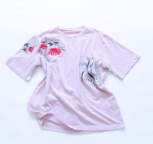 New  Women Summer Floral Embroidery Print Fashion Tops T Shirt Woman O-Neck Short Sleeve Plus Size t-shirt 72599 GS