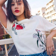 New  Women Summer Floral Embroidery Print Fashion Tops T Shirt Woman O-Neck Short Sleeve Plus Size t-shirt 72599 GS