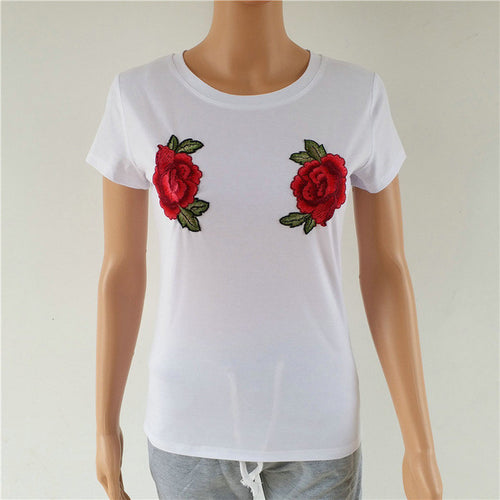 New  Women Summer T Shirt Casual Rose Embroidery Fashion T-shirts Tops Plus Size Female Short Sleeve t shirts 72567 GS