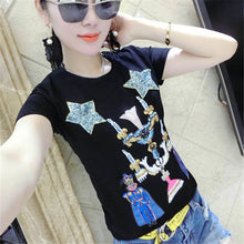 New  Women Summer T Shirt Fashion T-shirts Star Soldier Shiny Sequined Tops Plus Size Female Short Sleeve t shirts 72609 GS