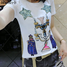 New  Women Summer T Shirt Fashion T-shirts Star Soldier Shiny Sequined Tops Plus Size Female Short Sleeve t shirts 72609 GS