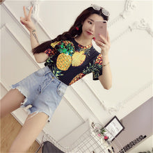 New  Women Summer T Shirt Pineapple Print Fashion T-shirts Shiny Sequined Tops Plus Size Female Short Sleeve t shirts 72662 GS