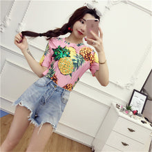 New  Women Summer T Shirt Pineapple Print Fashion T-shirts Shiny Sequined Tops Plus Size Female Short Sleeve t shirts 72662 GS