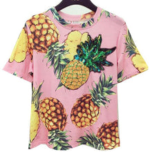 New  Women Summer T Shirt Pineapple Print Fashion T-shirts Shiny Sequined Tops Plus Size Female Short Sleeve t shirts 72662 GS