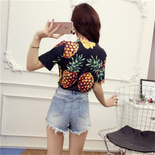 New  Women Summer T Shirt Pineapple Print Fashion T-shirts Shiny Sequined Tops Plus Size Female Short Sleeve t shirts 72662 GS