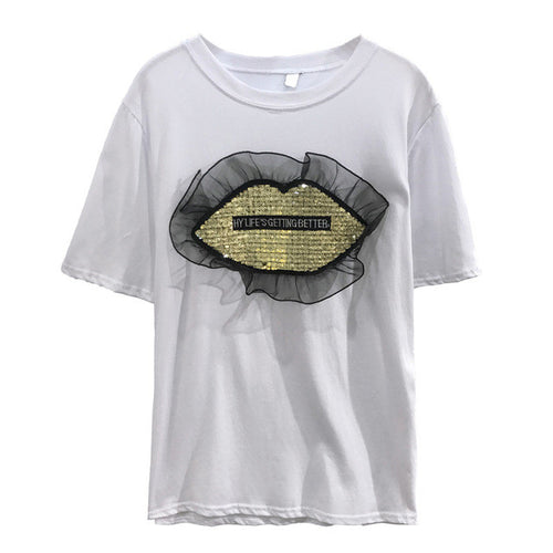 New  Women T shirts Fashion T-shirt O-neck Sequined Lips Letter Print Patchwork Lace Female Plus Size Tops Woman t shirt 531 GS