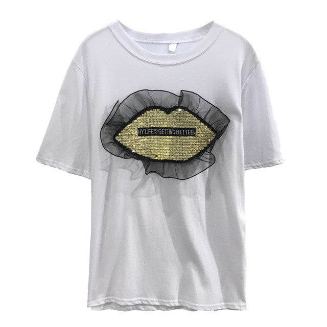 New  Women T shirts Fashion T-shirt O-neck Sequined Lips Letter Print Patchwork Lace Female Plus Size Tops Woman t shirt 531 GS