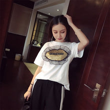 New  Women T shirts Fashion T-shirt O-neck Sequined Lips Letter Print Patchwork Lace Female Plus Size Tops Woman t shirt 531 GS