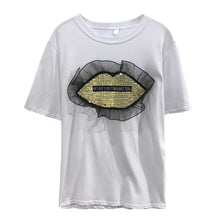New  Women T shirts Fashion T-shirt O-neck Sequined Lips Letter Print Patchwork Lace Female Plus Size Tops Woman t shirt 531 GS