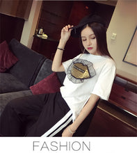 New  Women T shirts Fashion T-shirt O-neck Sequined Lips Letter Print Patchwork Lace Female Plus Size Tops Woman t shirt 531 GS