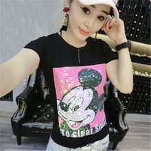 New  Women T shirts Fashion T-shirt O-neck Tops Cute Animal Character Sequined Bling Female Plus Size Woman t shirt 72528 GS