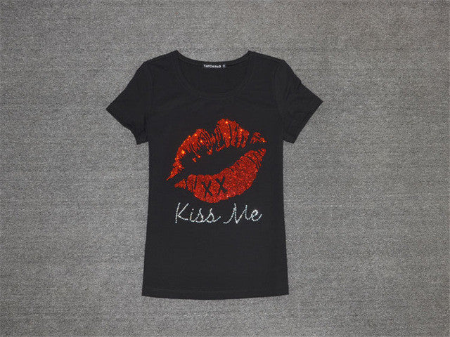 New  Women T shirts Fashion T-shirt Woman O-neck Top Short Sleeve Kiss Me Diamond Bling Female Plus Size t shirt 72358 GS