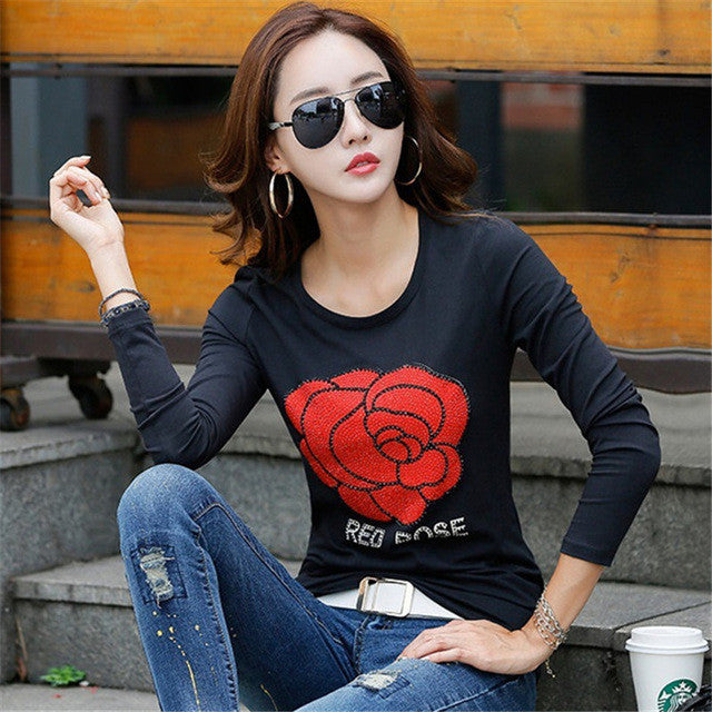 New  Women T shirts Fashion T-shirt Woman O-neck Tops Full Sleeves Print Diamonds Bling Female Plus Size t shirt 72555 GS