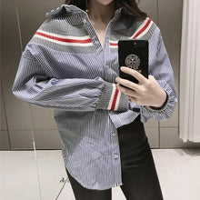 New  summer spring Plus Size Women blouse Button Patchwork Striprd Tops Casual Full Sleeves Shirts 72498 GS