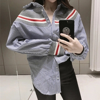 New  summer spring Plus Size Women blouse Button Patchwork Striprd Tops Casual Full Sleeves Shirts 72498 GS