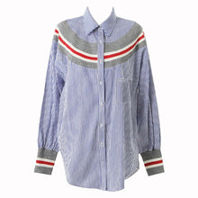 New  summer spring Plus Size Women blouse Button Patchwork Striprd Tops Casual Full Sleeves Shirts 72498 GS