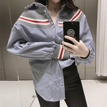 New  summer spring Plus Size Women blouse Button Patchwork Striprd Tops Casual Full Sleeves Shirts 72498 GS