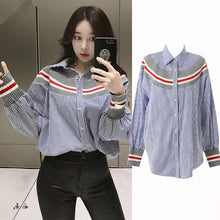 New  summer spring Plus Size Women blouse Button Patchwork Striprd Tops Casual Full Sleeves Shirts 72498 GS