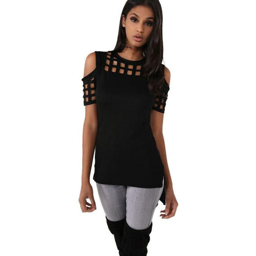 New Arrival   T-shirts Women Fashion Off The Shoulder Hollow Out Short Sleeve Sexy Tee Shirt Femme Woman Tops #1216 GS