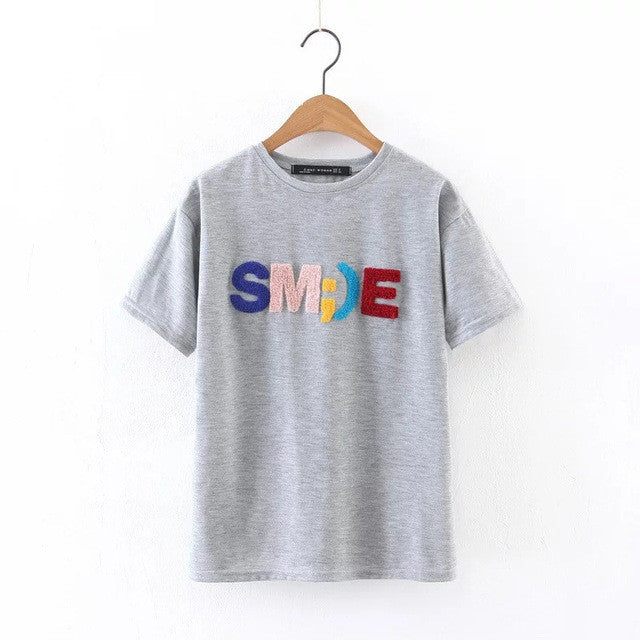 New Arrival  Summer Women T Shirt Casual O Neck Short Sleeve tshirt Letter Print Female Embroidery Tops Tees 72350 GS