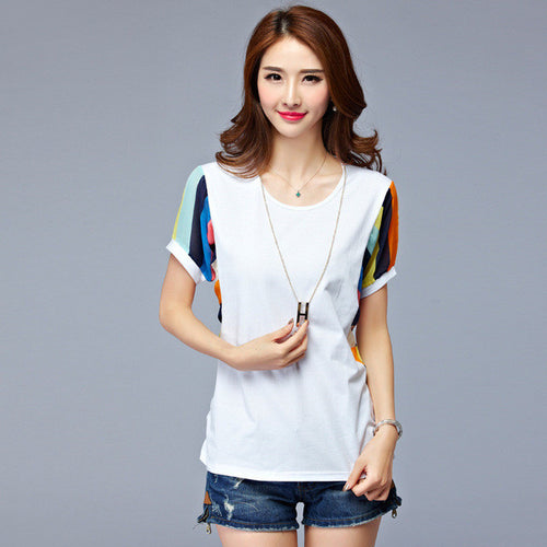 New Arrival  Summer Women T Shirt O-Neck Short Sleeve t-shirt Fashion Patchwork Female Casual Tops Tees 72143 GS