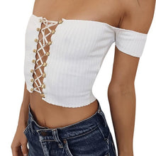 New Arrival Lacing Up Tops Women Fashion Sexy Off the Shoulder Short Sleeve Vest Skintight T-Shirt Women Tank Tops 1214# GS