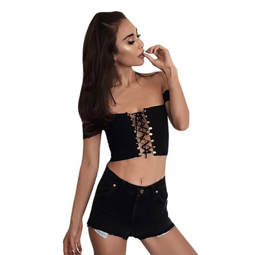 New Arrival Lacing Up Tops Women Fashion Sexy Off the Shoulder Short Sleeve Vest Skintight T-Shirt Women Tank Tops 1214# GS